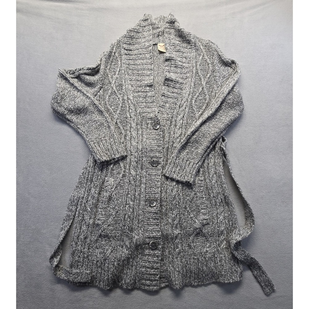 Faded Glory Sweater Duster Cardigan Long Belt Button XL 16-18 Gray Pattern